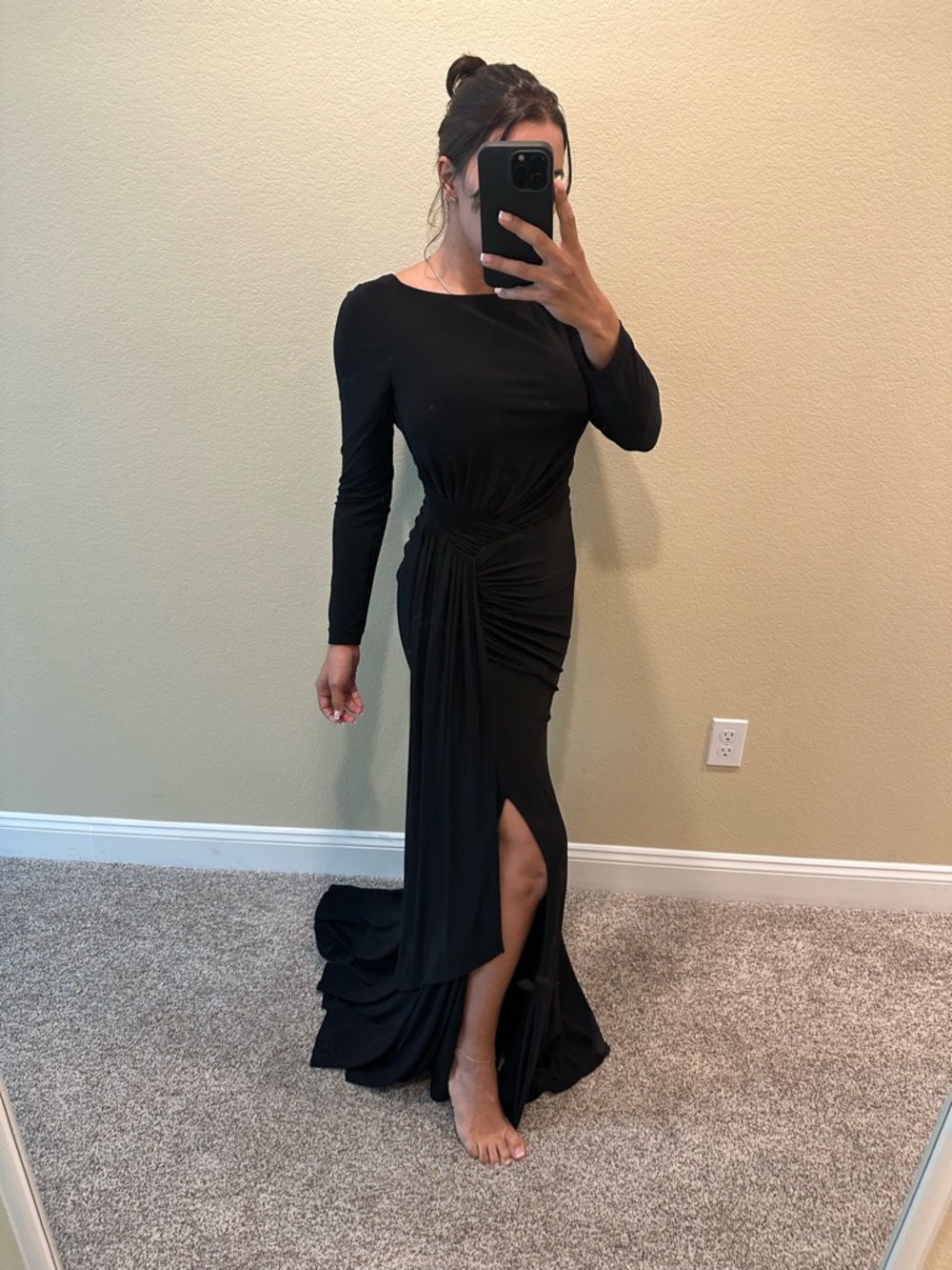 vince camuto long sleeve evening gown with side accent and slit